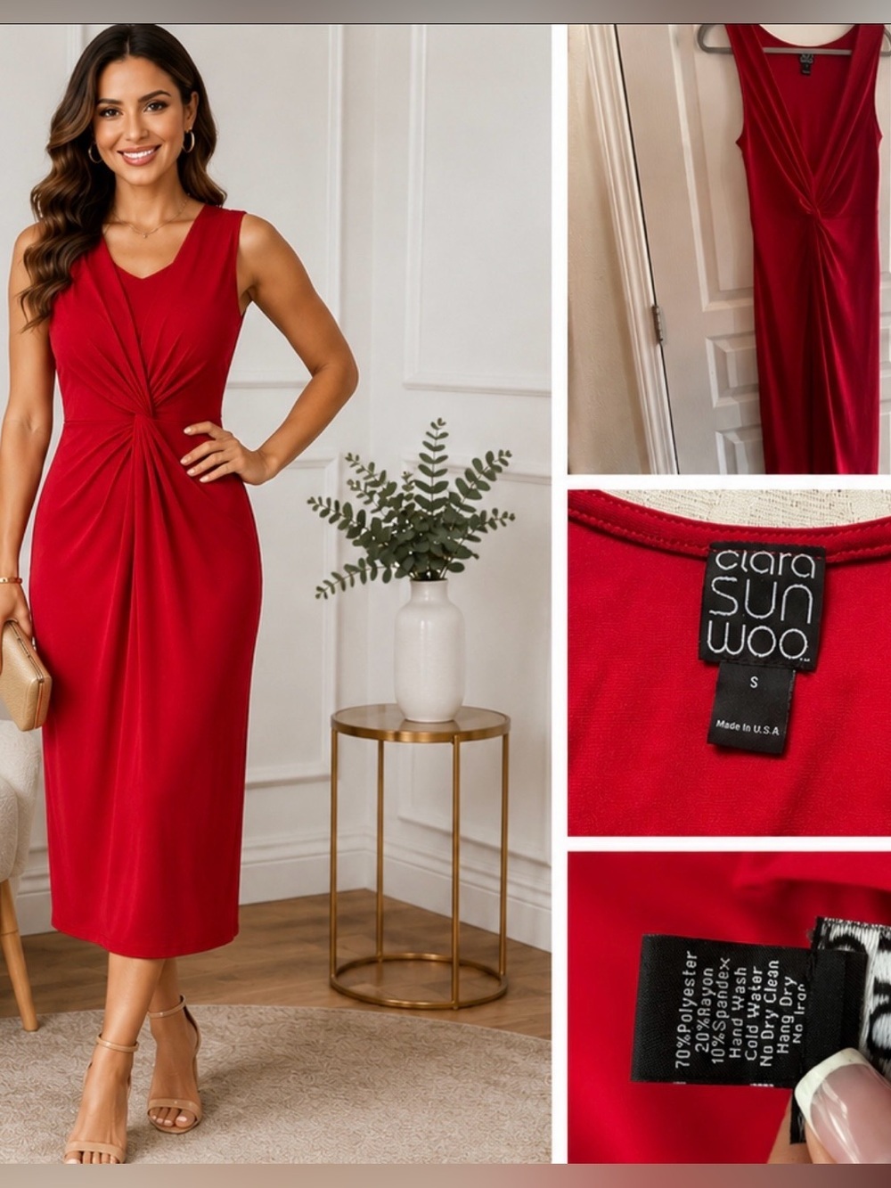 Clara Sun Woo Red Sleeveless Twist Front Midi Dress Size S